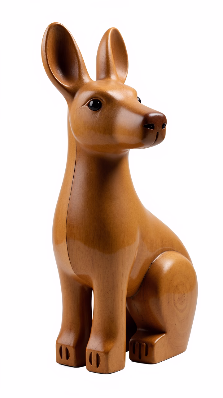 Realistic wooden kangaroo sculpture with detailed craftsmanship and warm tones.