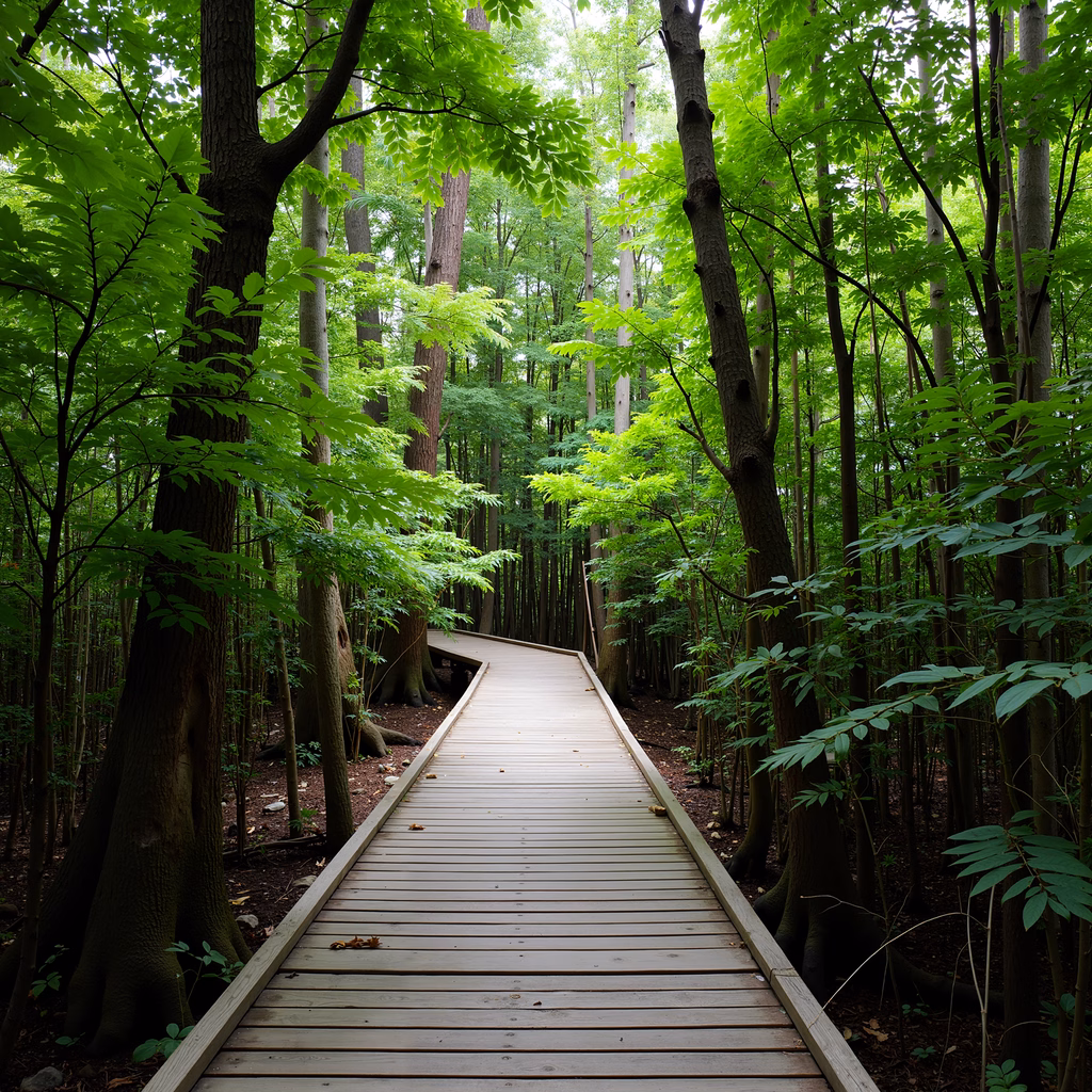 A tranquil wooden path through a lush forest, inviting exploration and tranquility.