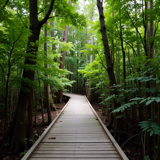 Wooden Path Through Lush Forest