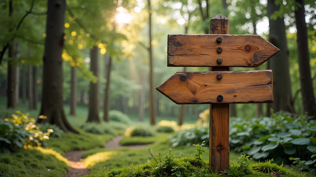 Rustic wooden signpost guiding through a sunlit forest