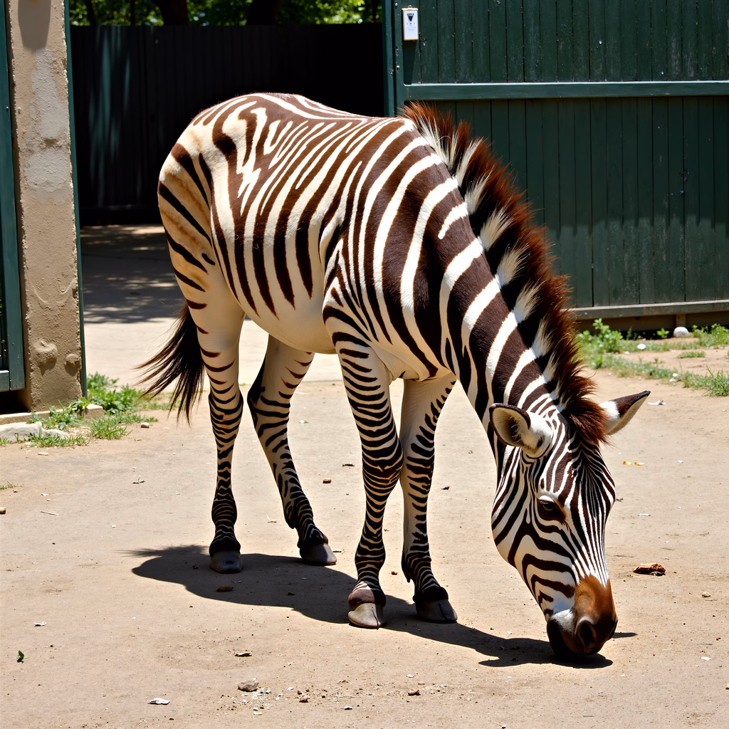 Zebra grazing in a sunlit enclosure, showcasing its striking stripes and natural habitat.