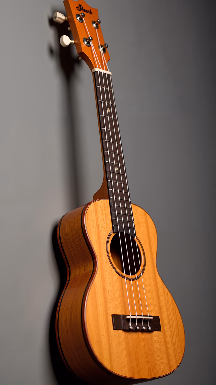 Close-up of a wooden acoustic guitar with natural wood finish and dark fretboard.