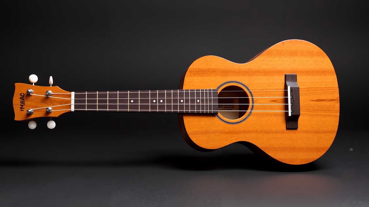 Detailed illustration of a classic acoustic guitar with warm wood tones and dark fretboard.