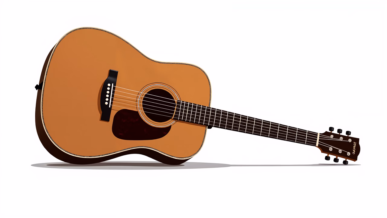 Detailed illustration of an acoustic guitar with warm tones and intricate details.