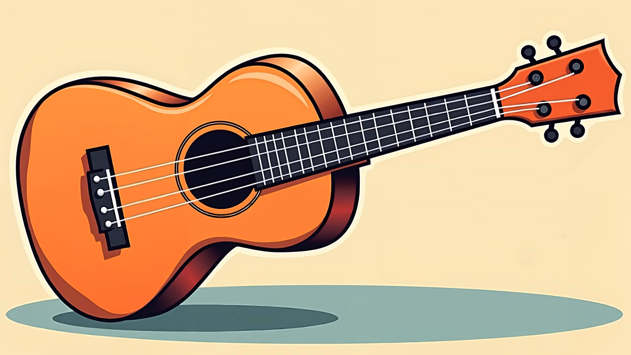 Vibrant acoustic guitar illustration with bold lines and flat colors.