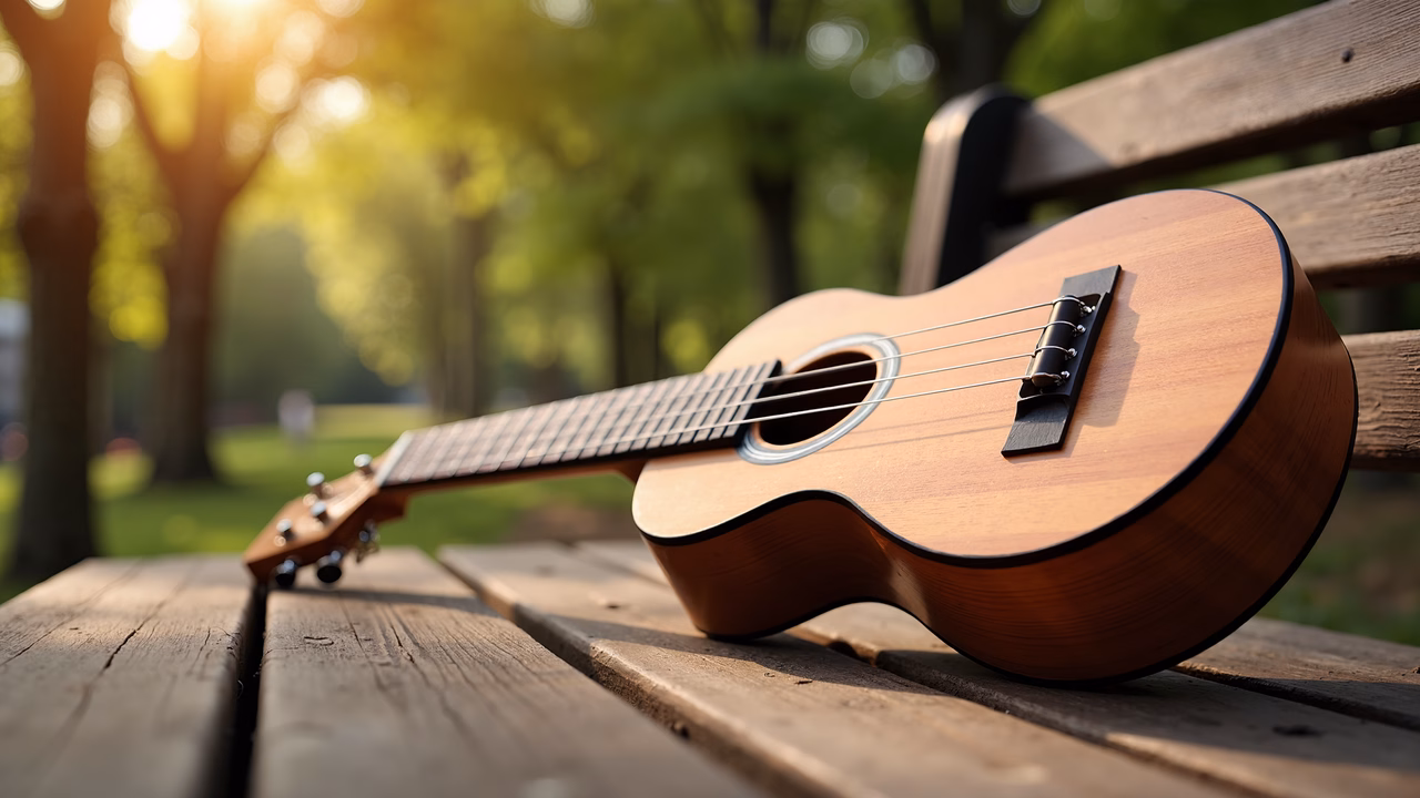 Close-up of an acoustic guitar in a sunlit park setting.