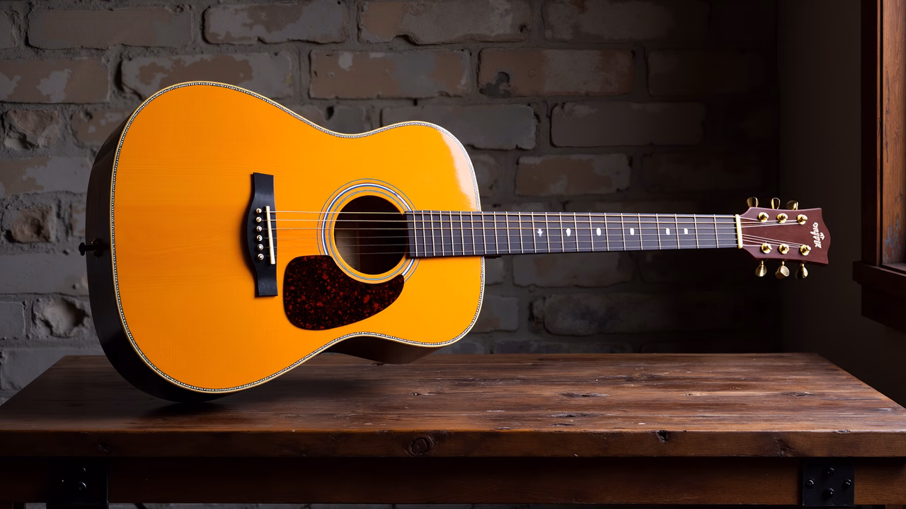 A yellow acoustic guitar on a wooden table, evoking tranquility and nostalgia.