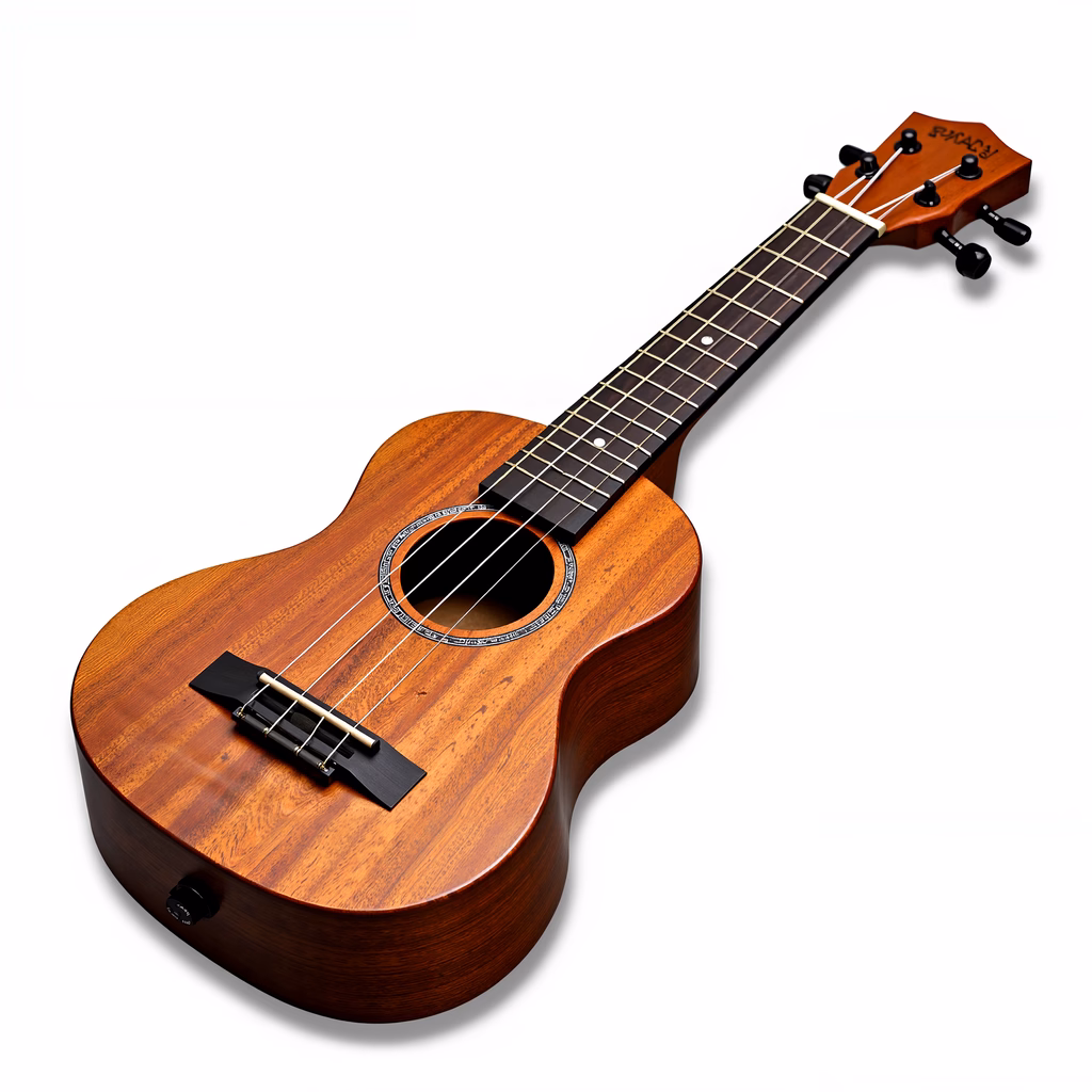 Close-up of an acoustic ukulele with natural wood finish and detailed strings.