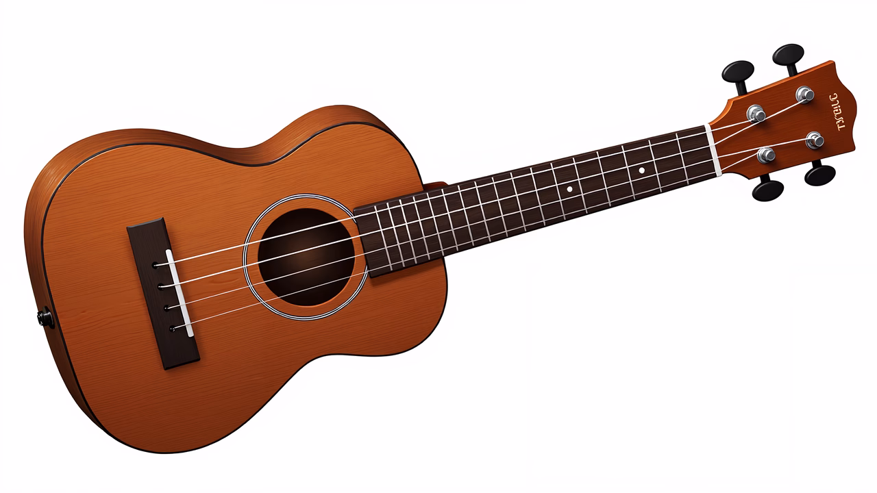 Illustrated acoustic ukulele with classic design and warm tones.