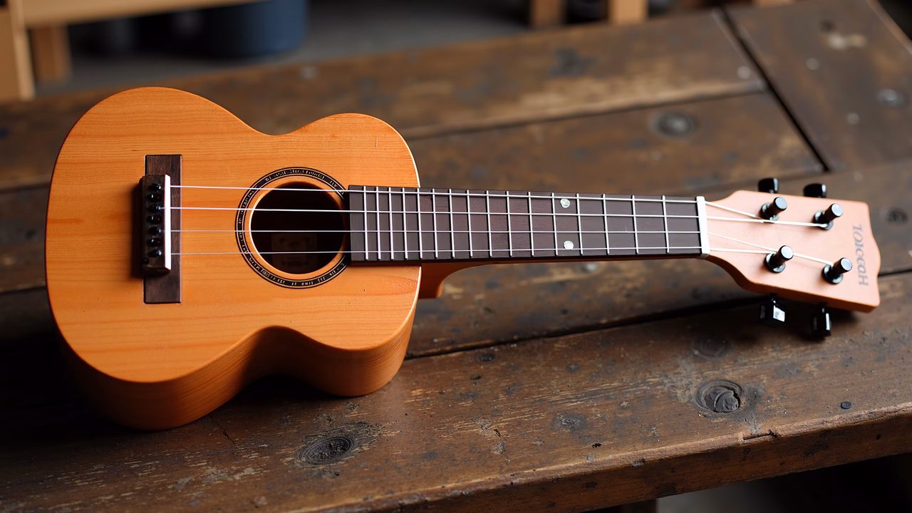 Close-up of an acoustic ukulele on a wooden surface, showcasing its craftsmanship and natural tones.