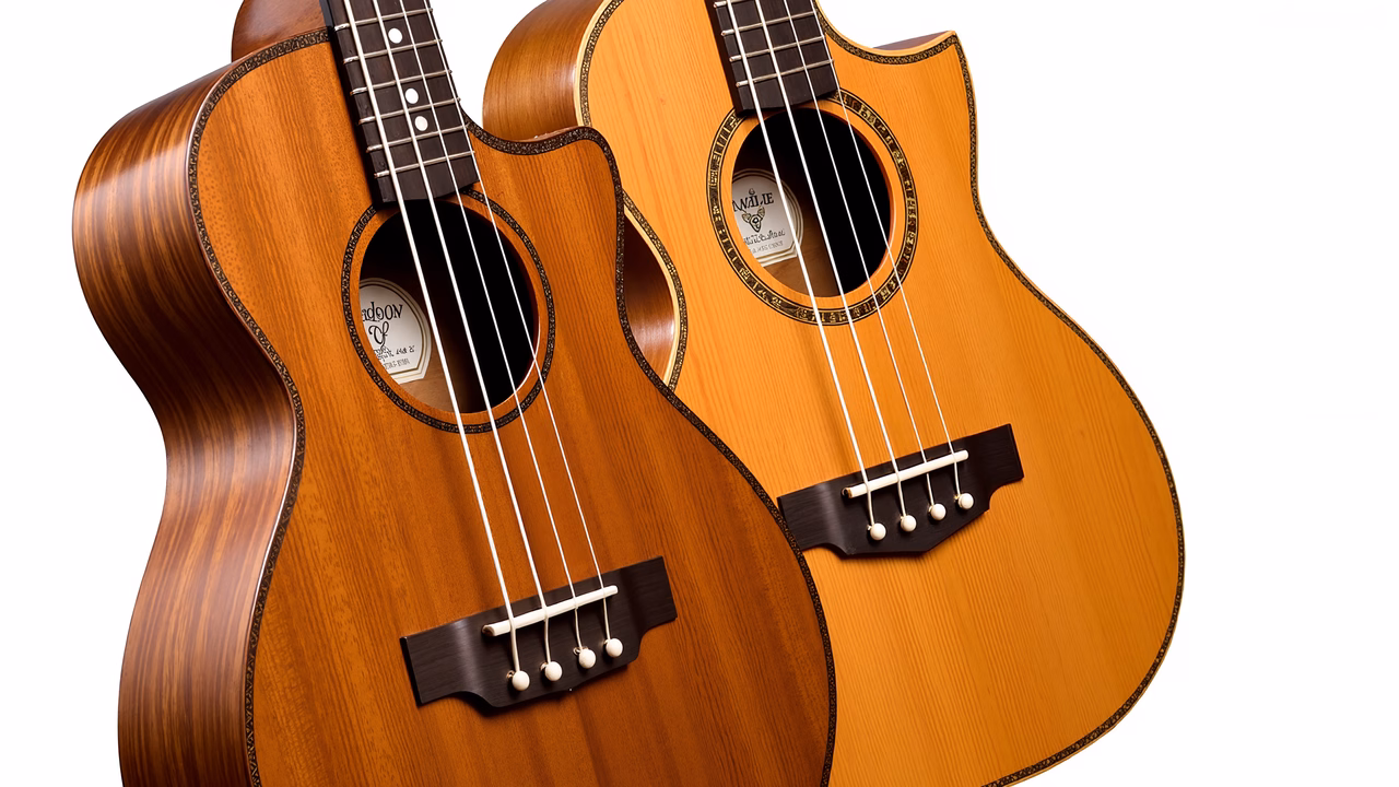 Close-up of two acoustic ukuleles with warm wood tones and detailed craftsmanship.