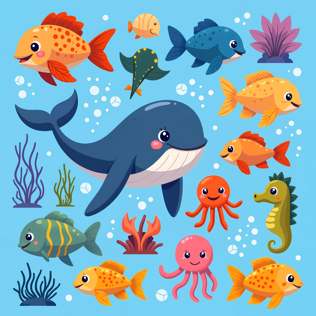Colorful sea creatures in a playful underwater scene.