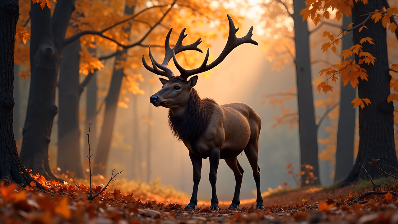 A serene autumn scene featuring a deer in a forest bathed in golden light.