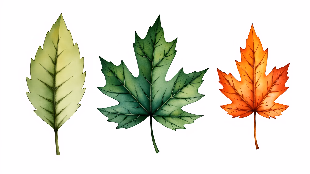 Detailed autumn leaves illustration showcasing seasonal transition in vibrant colors.