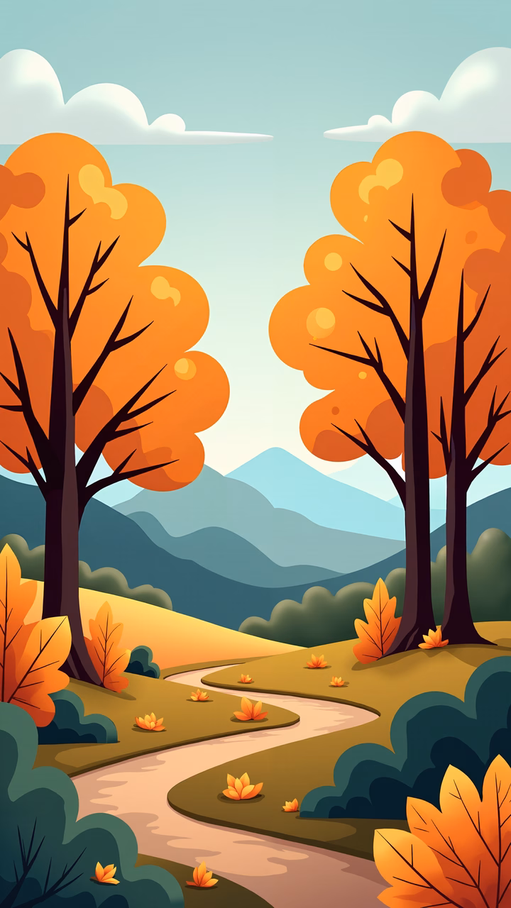 A peaceful autumn scene with colorful trees and a winding path.