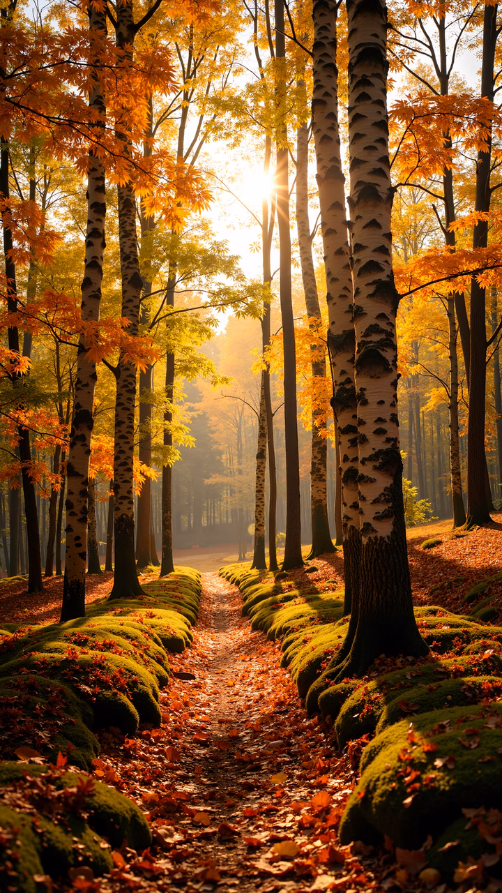Golden autumn pathway through a tranquil forest