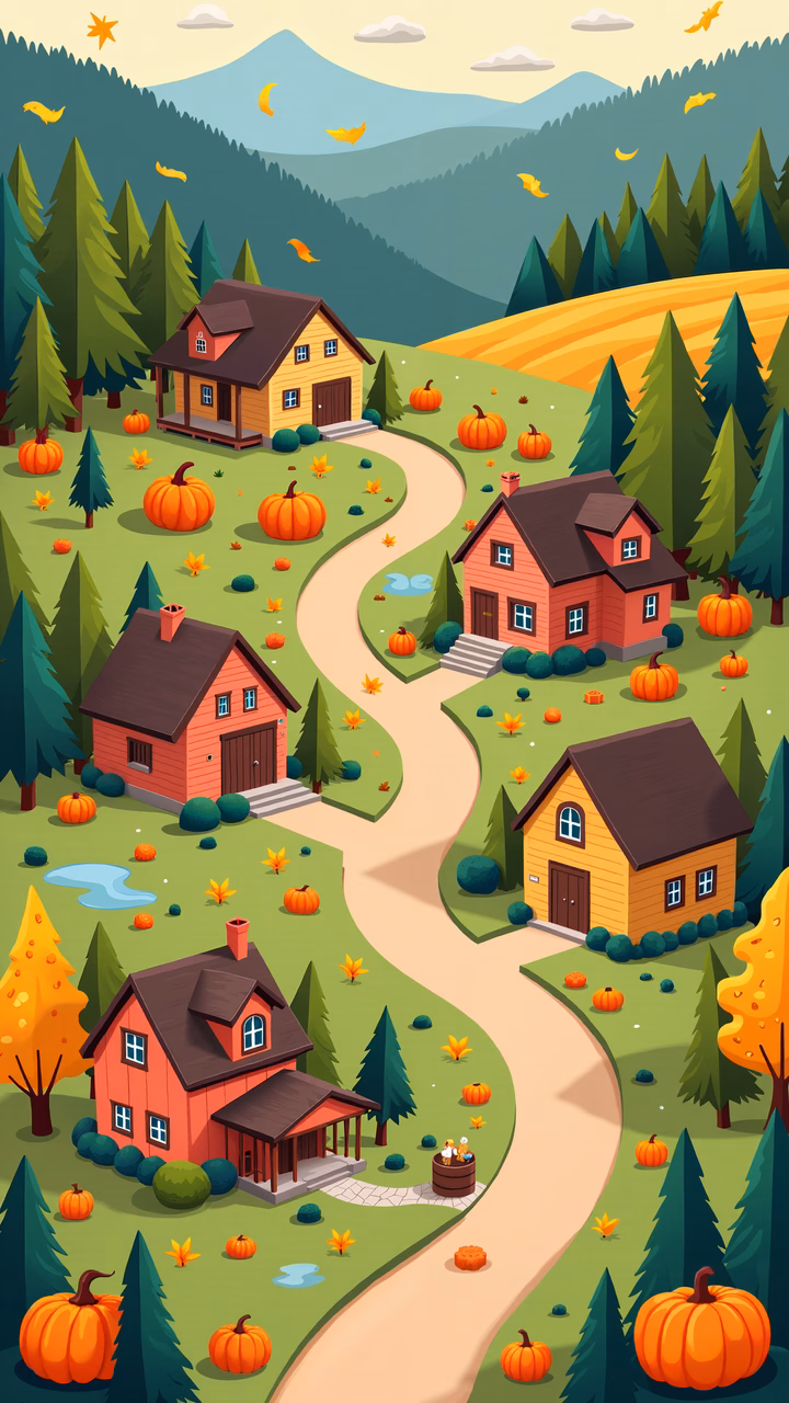 A charming autumn village with colorful pumpkins and cozy houses.