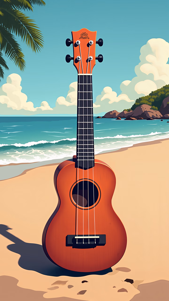 A ukulele on a peaceful beach under a sunny sky.