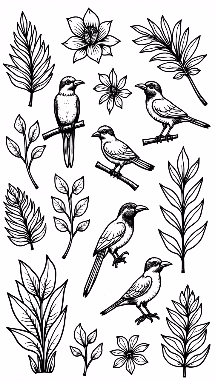 Detailed black-and-white illustration of birds and leaves, showcasing intricate details and harmonious design.