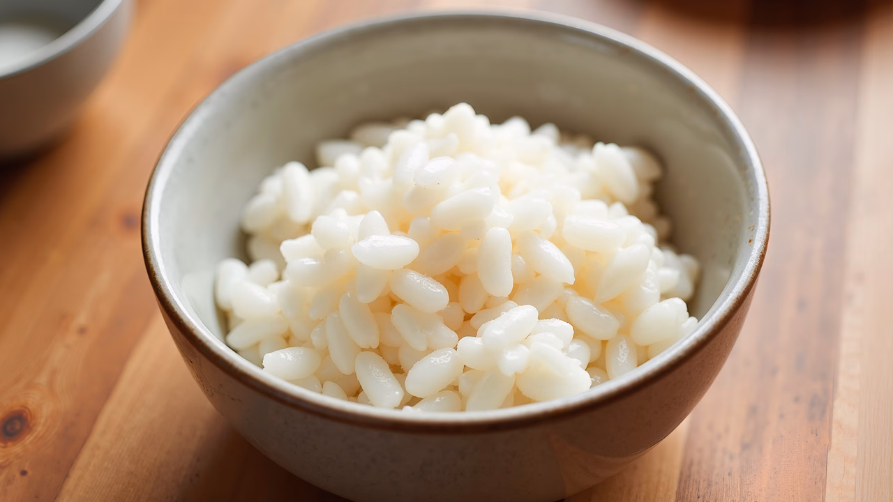 Close-up of freshly cooked rice in a bowl on a wooden table.