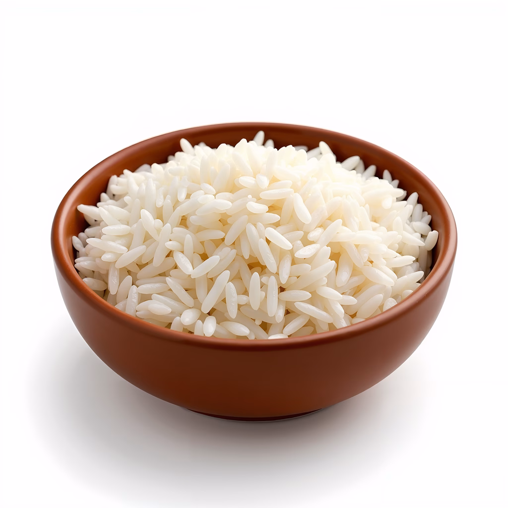 Close-up shot of a bowl filled with white rice, emphasizing simplicity and texture.