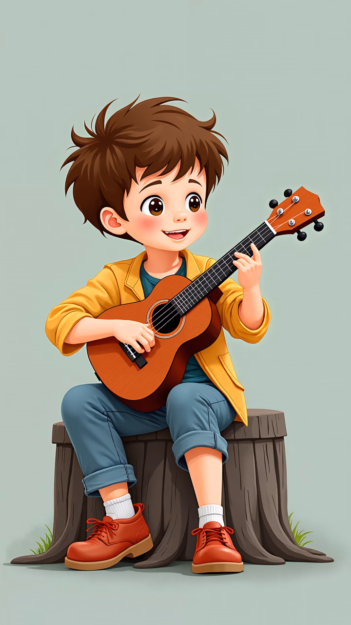 A joyful young boy playing guitar on a tree stump, exuding warmth and creativity.