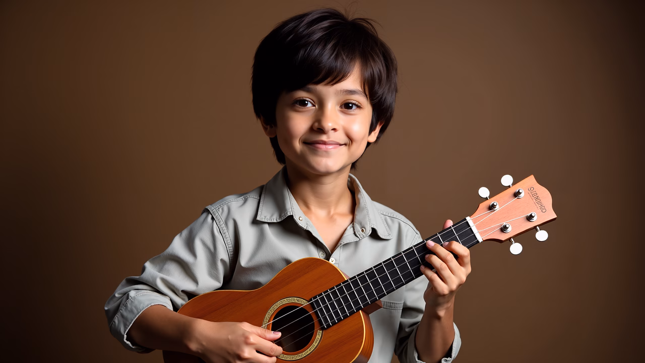 A smiling boy playing a ukulele against a warm brown backdrop.
