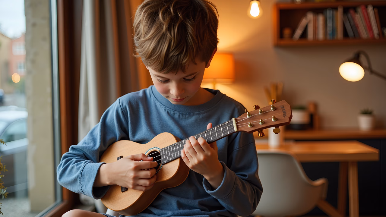 A boy playing ukulele by a window, evoking a sense of tranquility and focus.