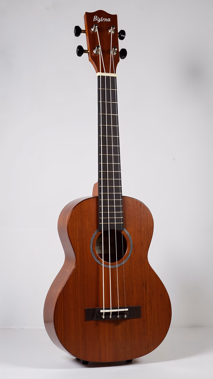 Close-up of a Bylema ukulele with glossy wood and detailed craftsmanship.