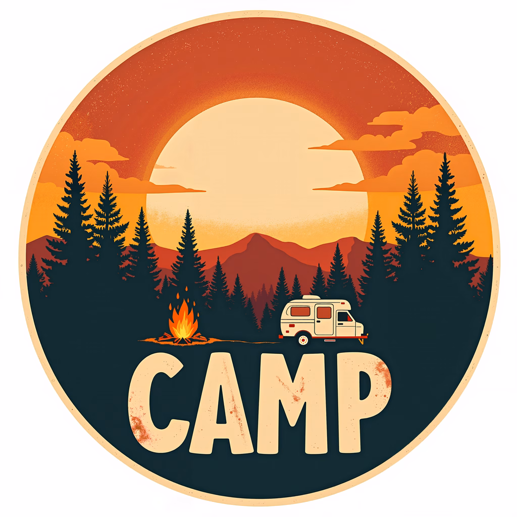 A cozy campsite at sunset with a camper and a campfire, perfect for outdoor enthusiasts.