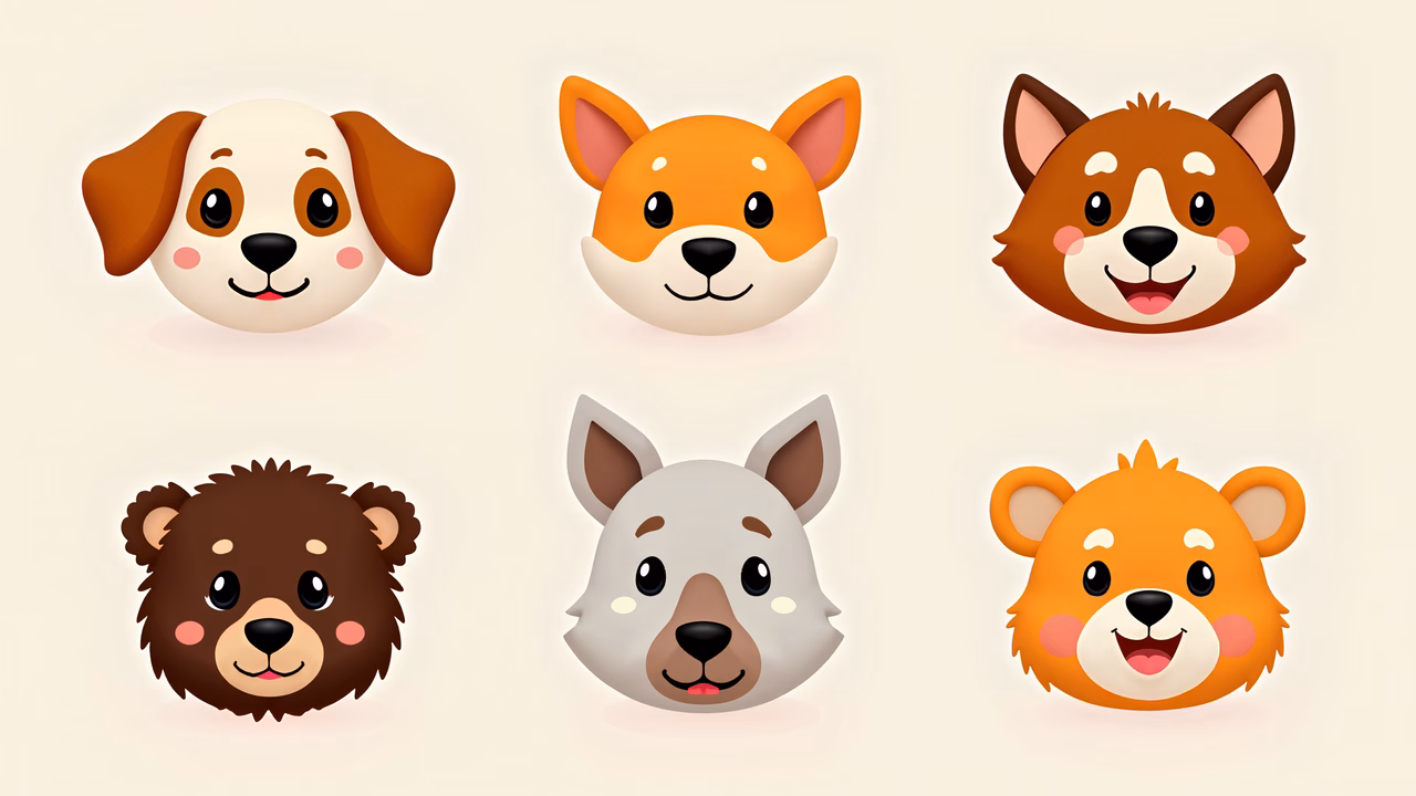 Cartoon-style animal heads with cheerful expressions and soft colors.