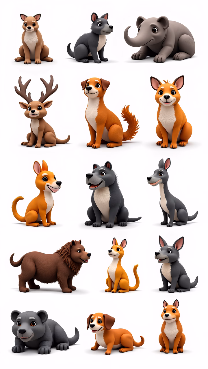 A charming collection of cartoon animals in various poses and expressions.