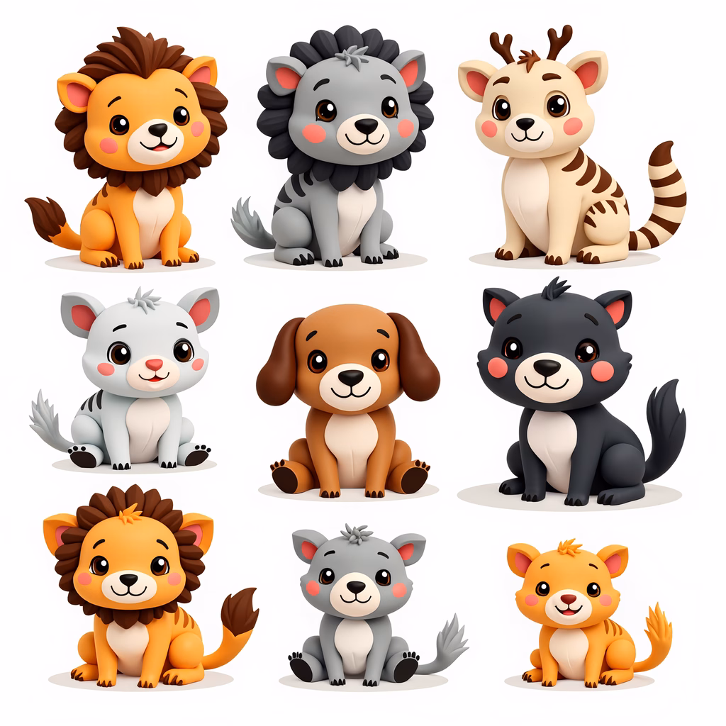 A delightful collection of cartoon animals with expressive faces and soft colors.