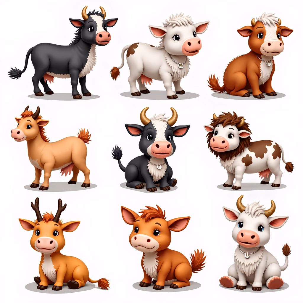 Collection of cartoon cows in various poses and colors, creating a playful and charming scene.