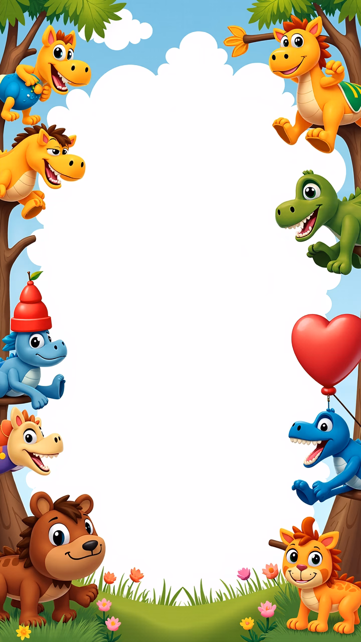 Colorful cartoon dinosaurs frame a joyful children's illustration.