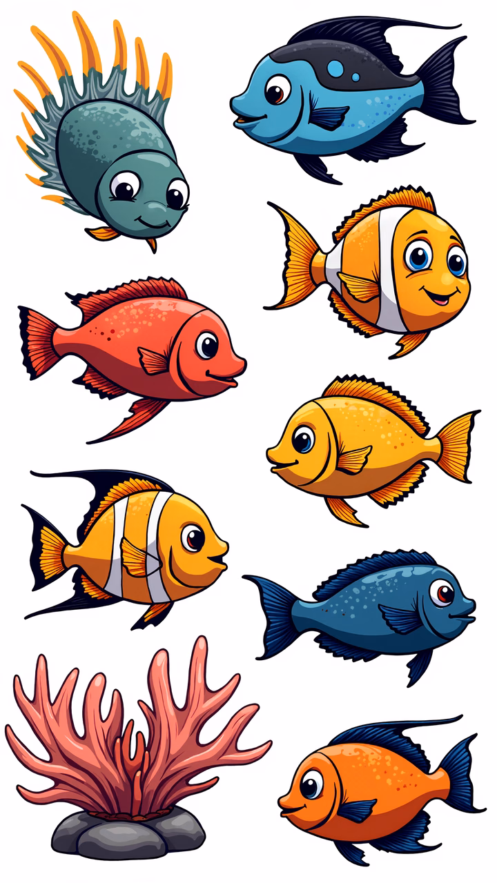 Brightly colored cartoon fish and coral reef in a cheerful underwater scene.