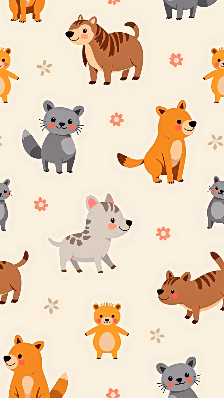 Whimsical cartoon forest animals on a cozy beige background.