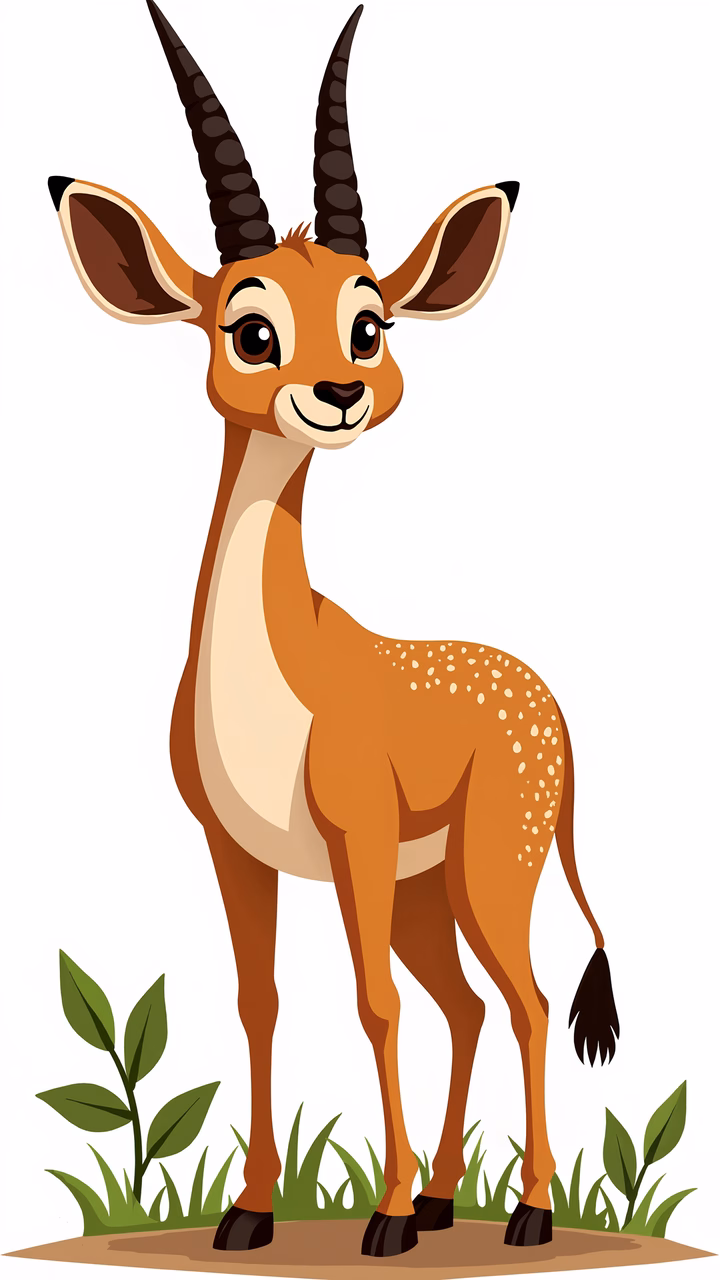A cute, cartoon-style gazelle standing amidst greenery, perfect for children’s books or educational materials.