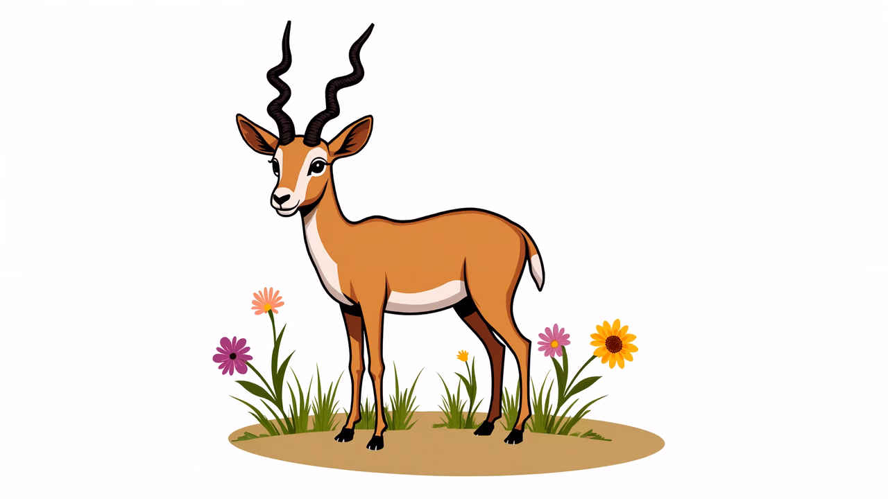 A cute gazelle surrounded by colorful flowers in a cheerful illustration.