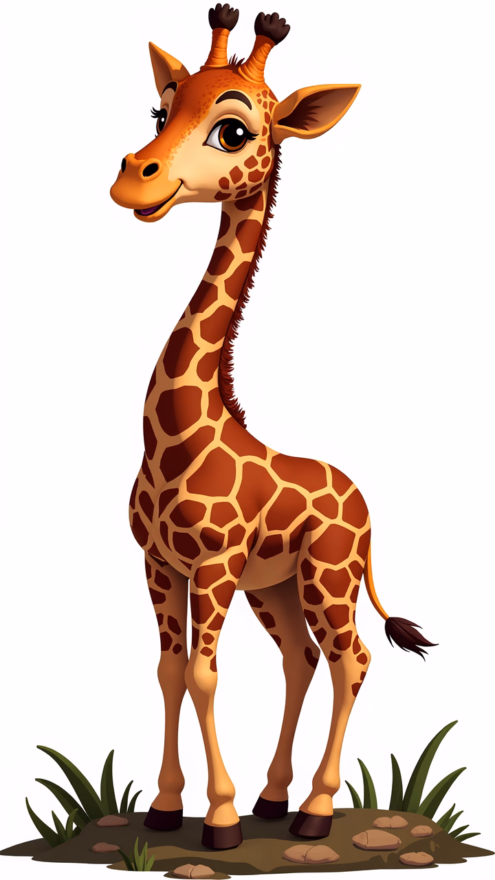 A cheerful cartoon giraffe standing amidst grass and soil.