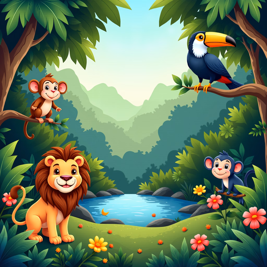 Brightly colored cartoon animals in a lush jungle setting