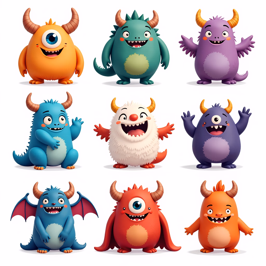 Brightly colored cartoon monsters with playful expressions, perfect for children's art.