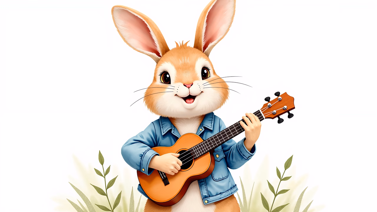 A cute cartoon rabbit playing guitar in a playful and cheerful setting.