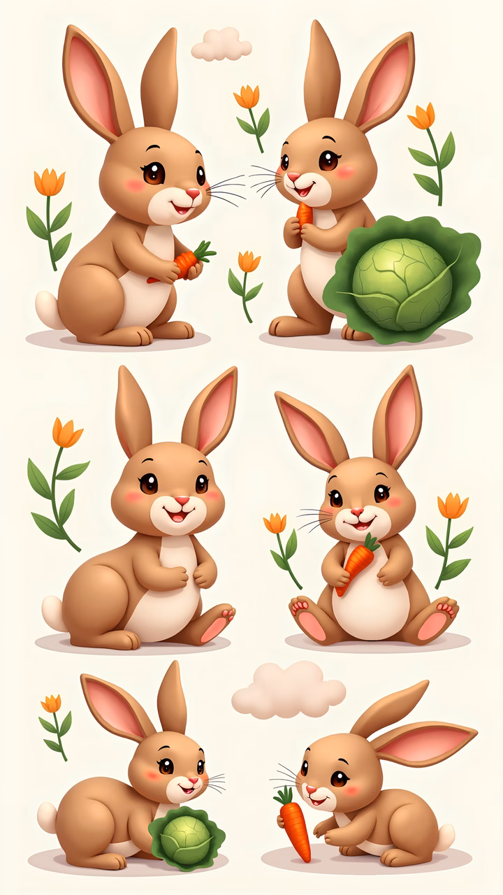 Cute cartoon rabbits playing with carrots and cabbages in a colorful, cheerful setting.