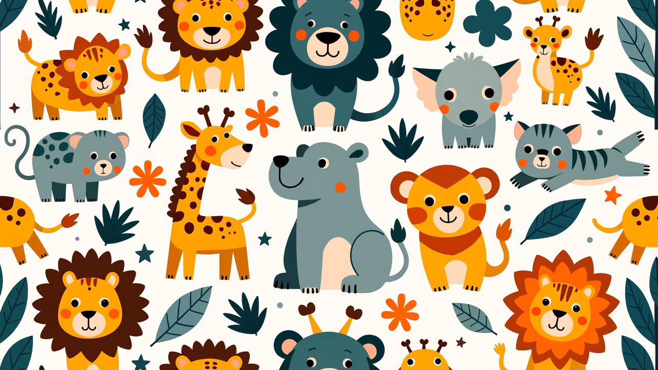 Brightly colored cartoon safari animals create a fun and engaging children's illustration.