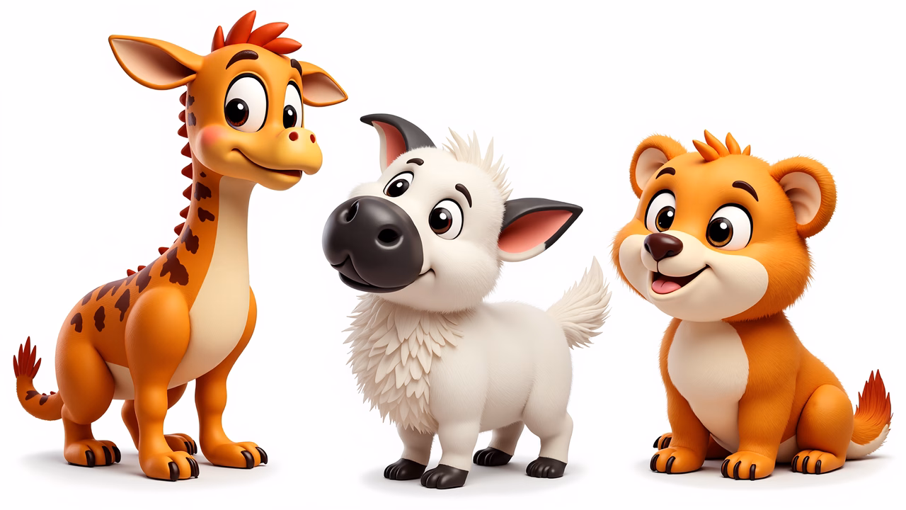 Three cheerful safari animal friends in a playful illustration.