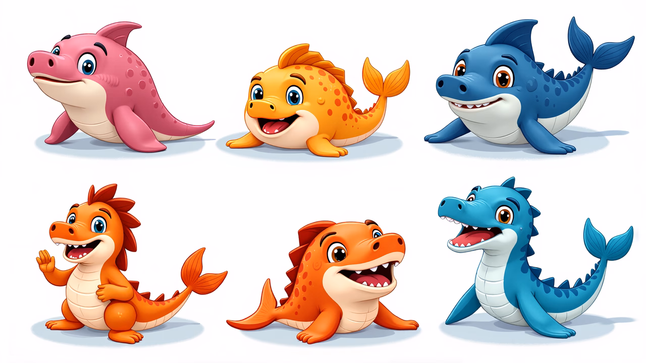 Brightly colored cartoon sea creatures for kids.