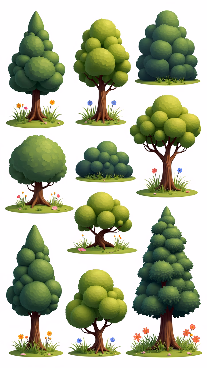 Vibrant, stylized trees in a cheerful, whimsical illustration.