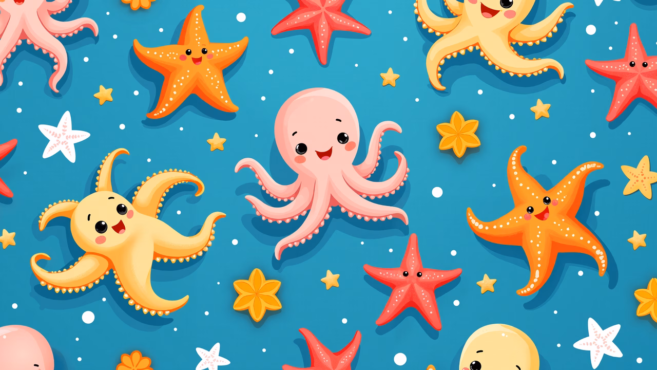 Brightly colored underwater creatures bring joy to a playful scene.