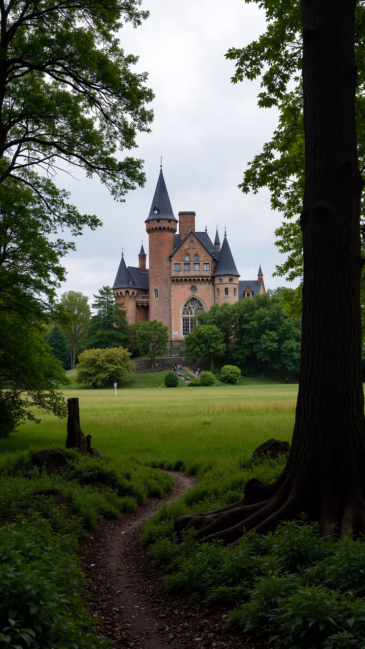 A majestic castle surrounded by lush gardens under a cloudy sky.